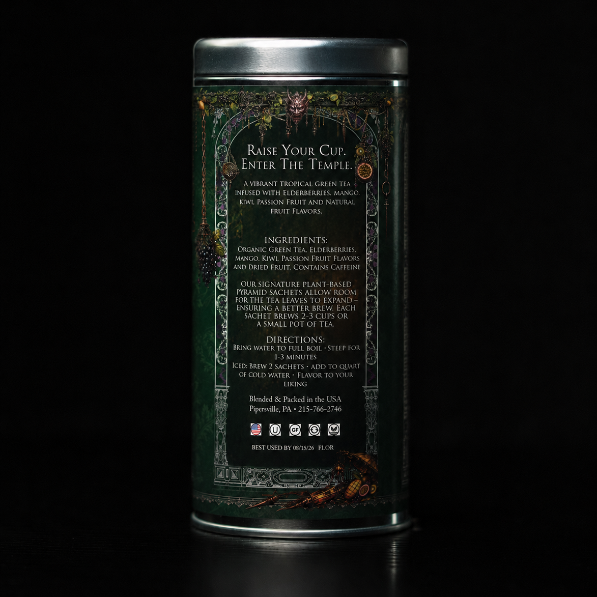 a geisha with oni mask green tea canister